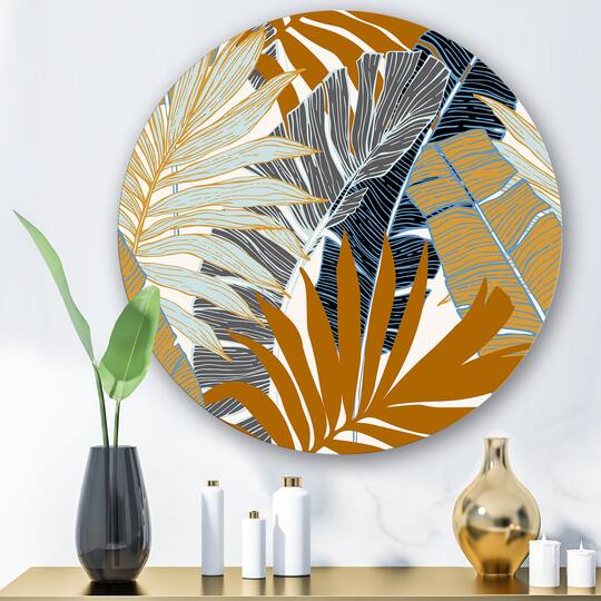Designart - Abstract Tropical Summer Palm Tree & Banana Leaves - Modern Metal Circle Wall Art
